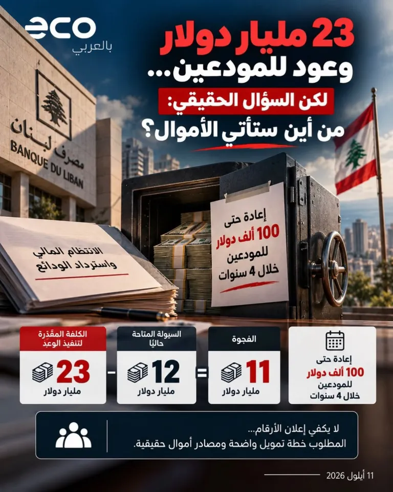 إنفوغراف: كلفة إعادة الودائع حتى 100 ألف دولار تُقدَّر بـ23 مليار دولار مقابل سيولة متاحة 12 ملياراً وفجوة تمويل 11 مليار دولار
